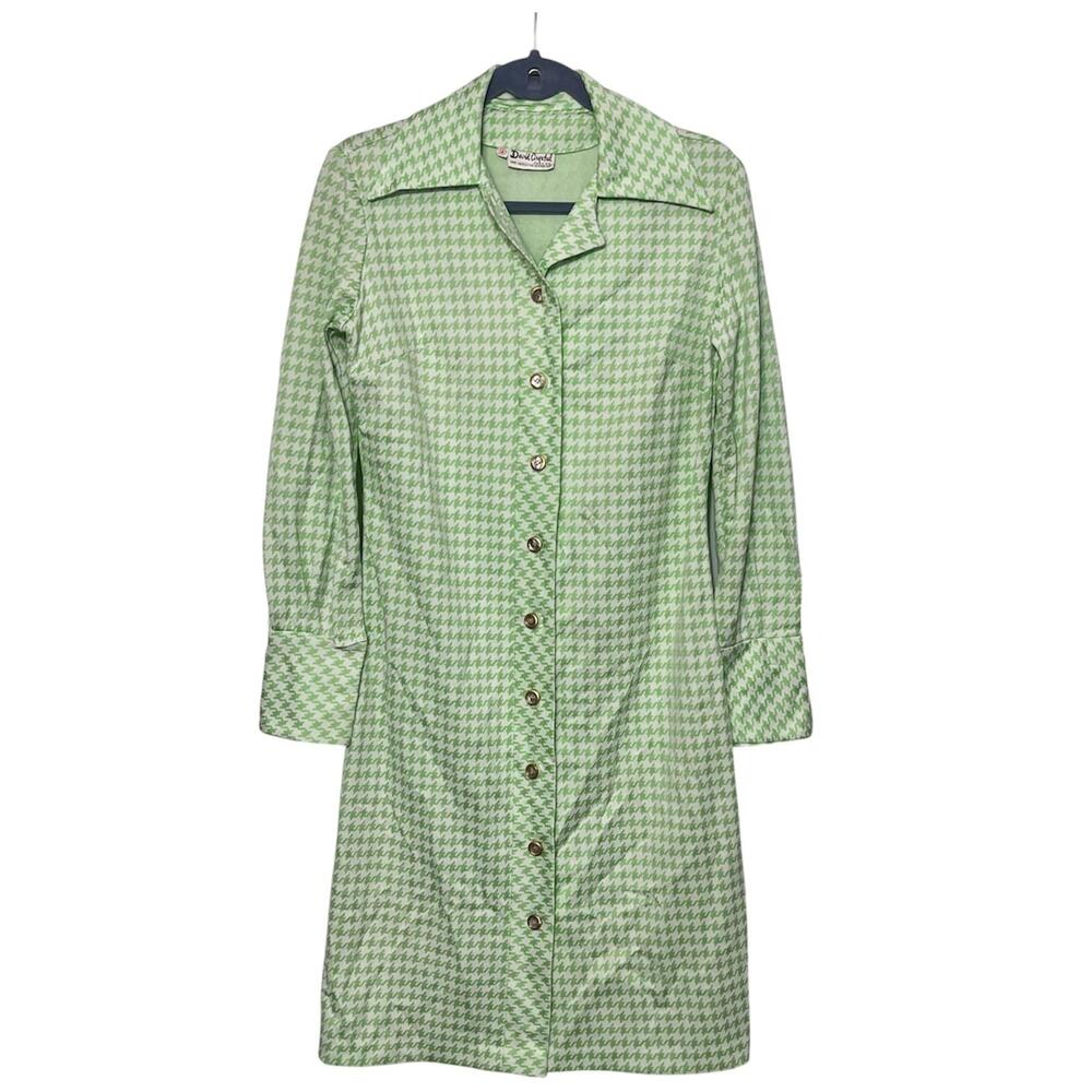 Vintage David Crystal Shirt Dress Womens 14 Green Houndstooth Button Front 70s